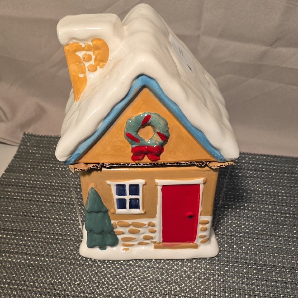 Festive Ceramic Cookie Jar Holiday House with Red Door